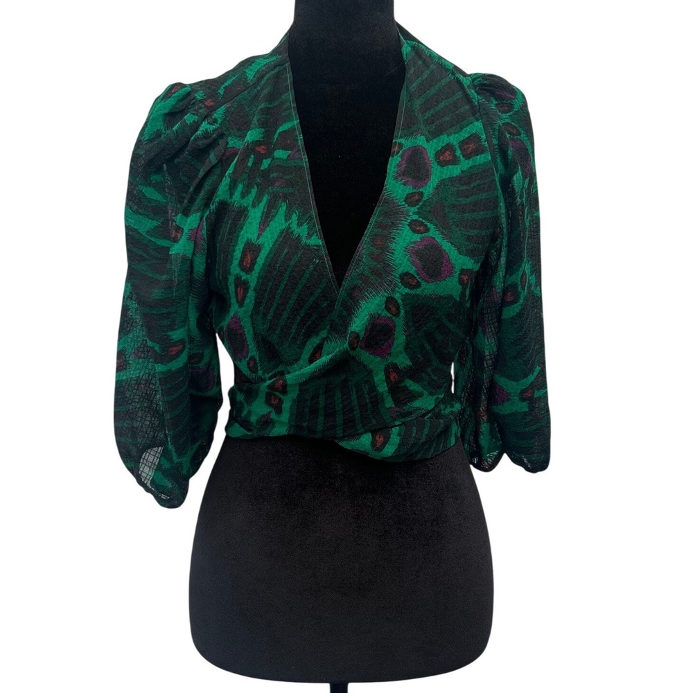 ba&sh Green Purple Ikat Peacock Print Crop Wrap Top Puff Sleeve Size 1